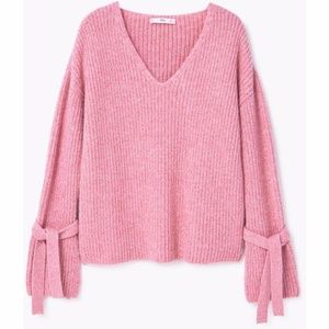 Mango VNeck Pink Bell Sleeve Sweater with Bows